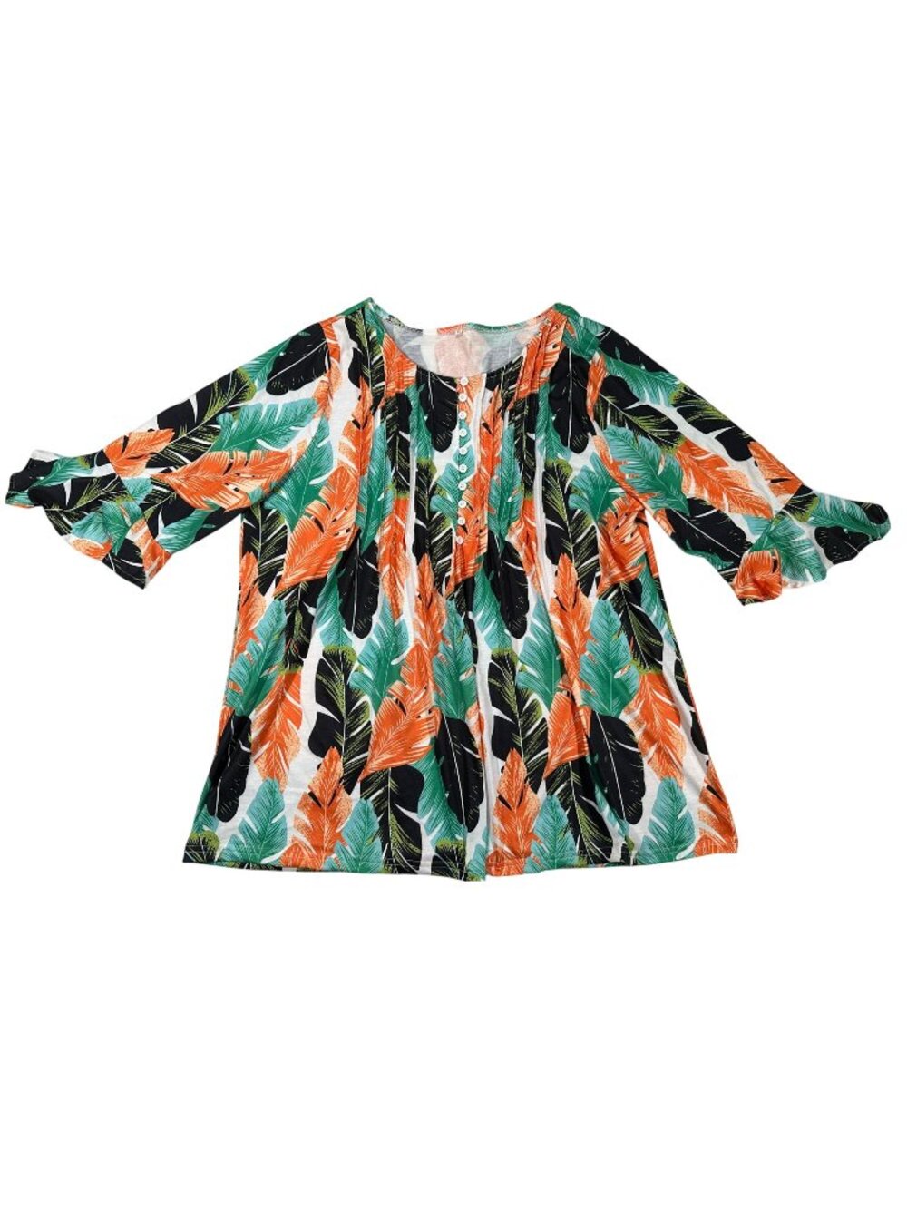 Tropical Leaf-Print Women’s Blouse XXL Plus Size Flowy Boho Style Bell Sleeves